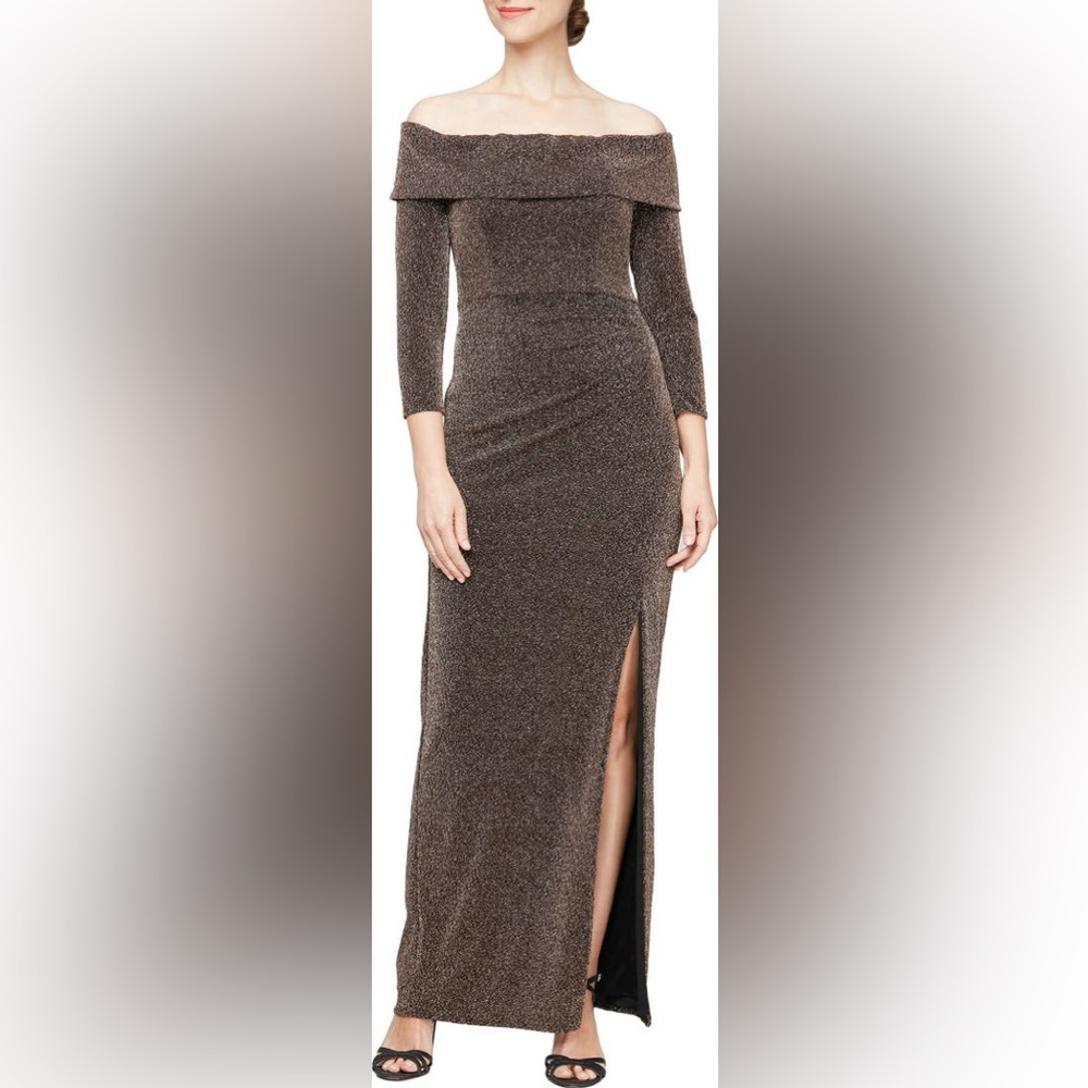 Alex Evenings Metallic Off the Shoulder Knit Sheath Gown